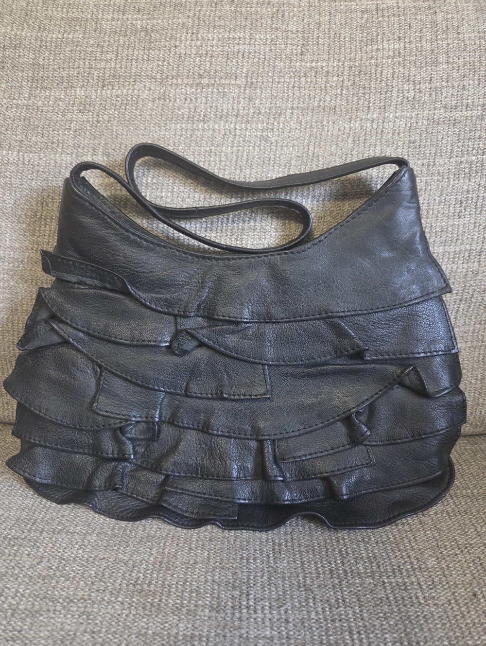 Black Soft Leather Ruffle Small Shoulder Bag. Made In India. New W/O Tags